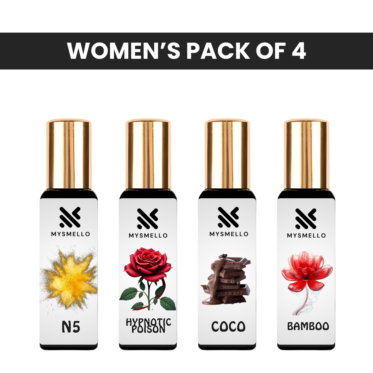 Pack of 4 for women: Mysmello hypnotic poison, Mysmelloe N5, Mysmello bamboo, Mysmelloe coco